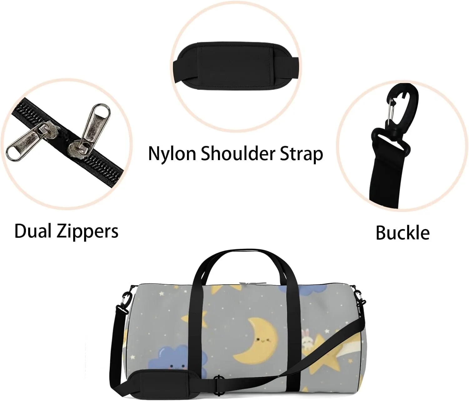 Sports Gym Bag for Women and Men Waterproof Cute Cloud Star Night Sky Cartoon Grey Duffel Bag Lightweight Carryon Traveling Boarding Gripsack