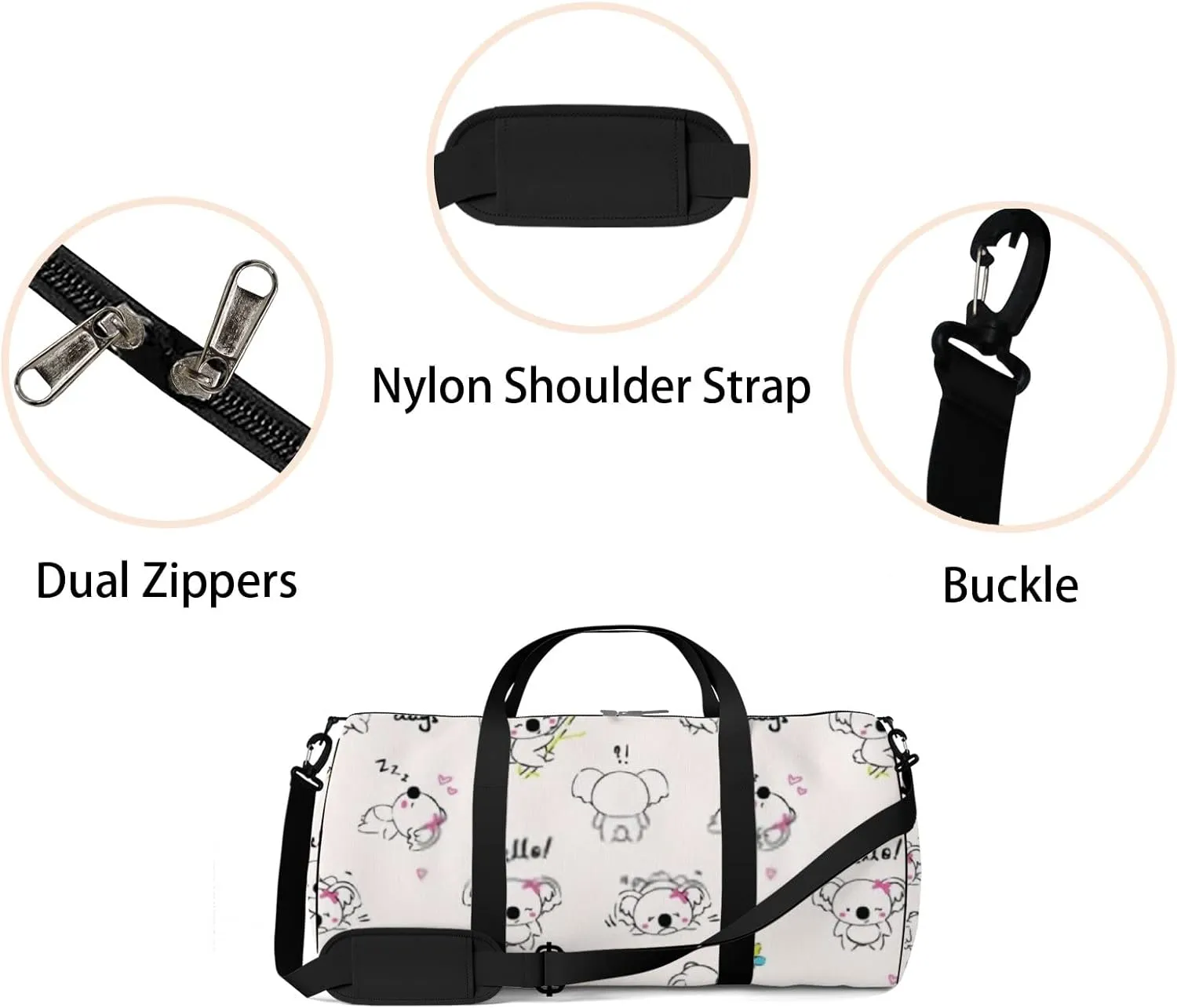 Sports Gym Bag for Women and Men Waterproof Cute Doodle Koala Bear Pattern Duffel Bag Lightweight Carryon Traveling Boarding Gripsack