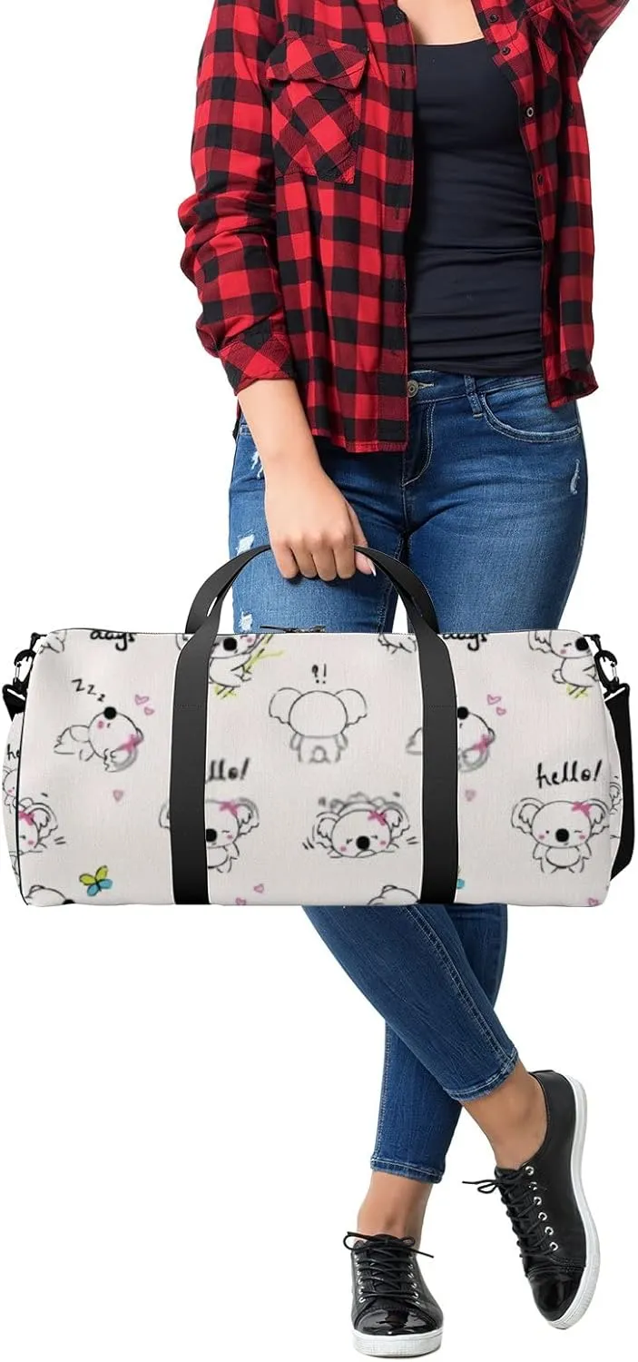 Sports Gym Bag for Women and Men Waterproof Cute Doodle Koala Bear Pattern Duffel Bag Lightweight Carryon Traveling Boarding Gripsack