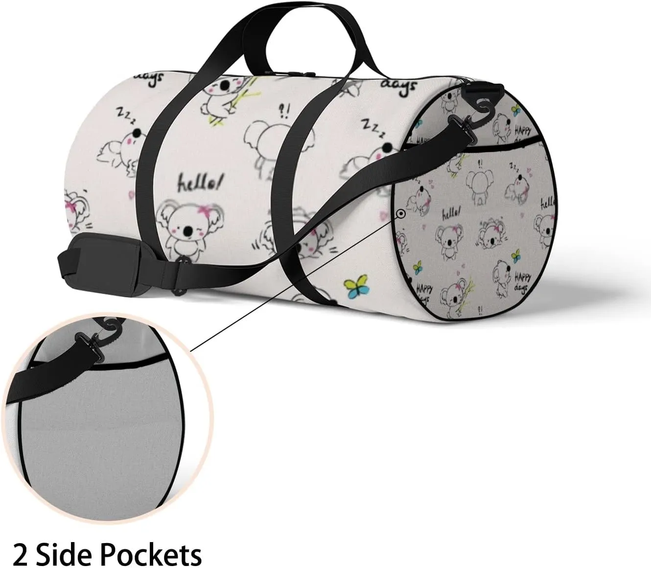 Sports Gym Bag for Women and Men Waterproof Cute Doodle Koala Bear Pattern Duffel Bag Lightweight Carryon Traveling Boarding Gripsack