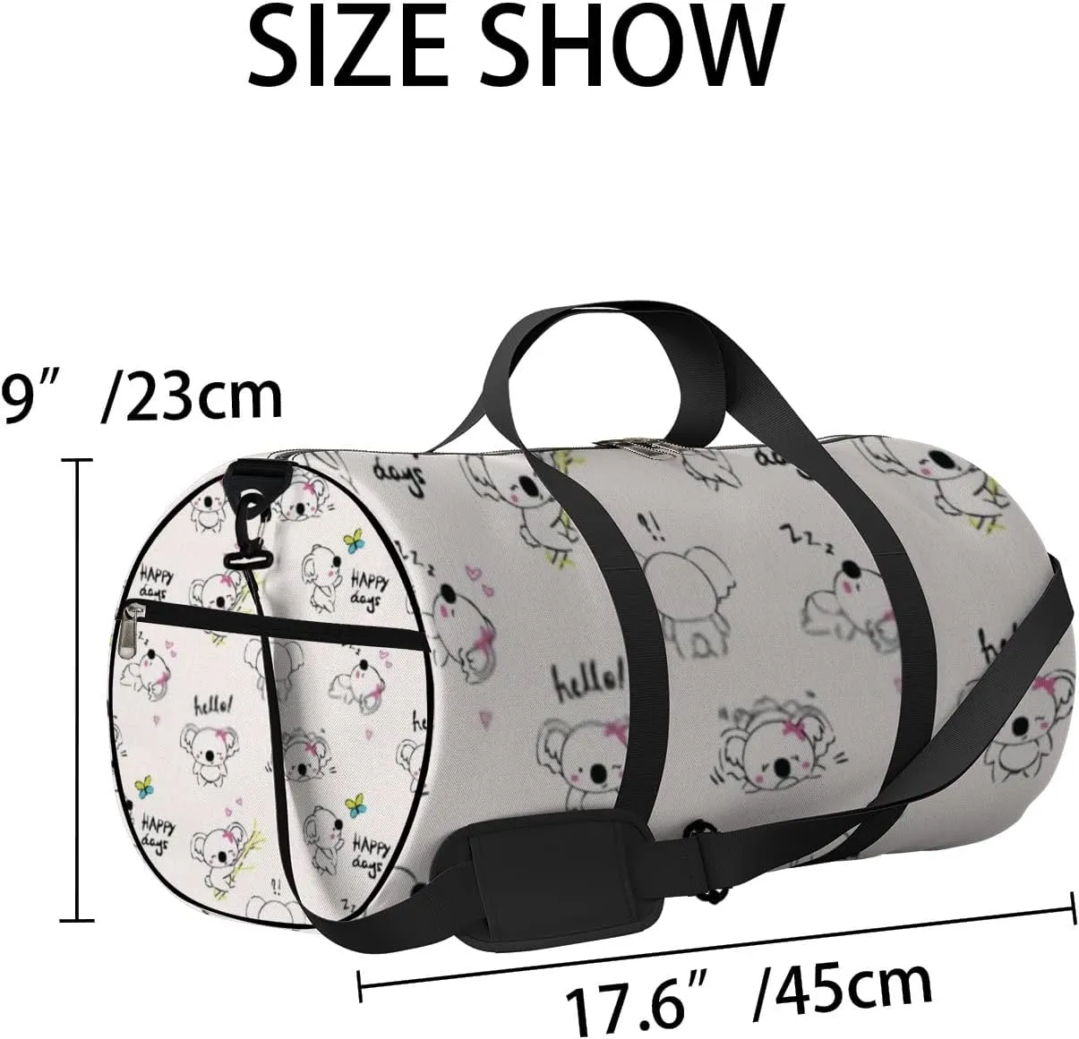 Sports Gym Bag for Women and Men Waterproof Cute Doodle Koala Bear Pattern Duffel Bag Lightweight Carryon Traveling Boarding Gripsack
