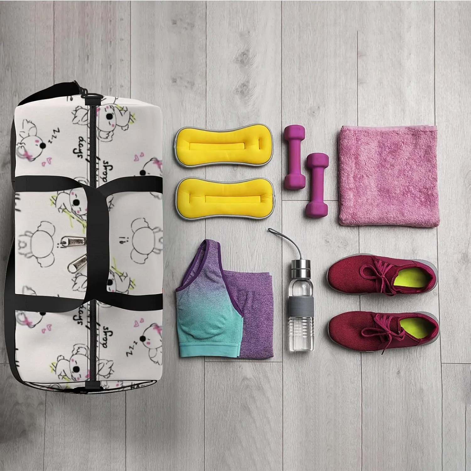 Sports Gym Bag for Women and Men Waterproof Cute Doodle Koala Bear Pattern Duffel Bag Lightweight Carryon Traveling Boarding Gripsack