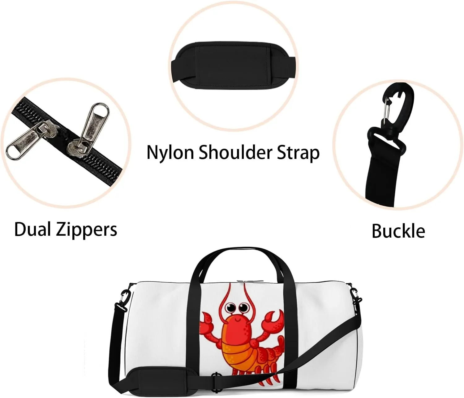 Sports Gym Bag for Women and Men Waterproof Cute Red Lobster Cartoon Style Duffel Bag Lightweight Carryon Traveling Boarding Gripsack