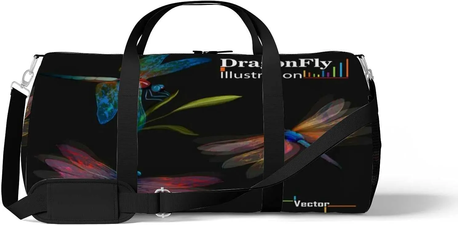 Sports Gym Bag for Women and Men Waterproof Dragonfly Set Three Dragonflies Illustration Duffel Bag Lightweight Carryon Traveling Boarding Gripsack