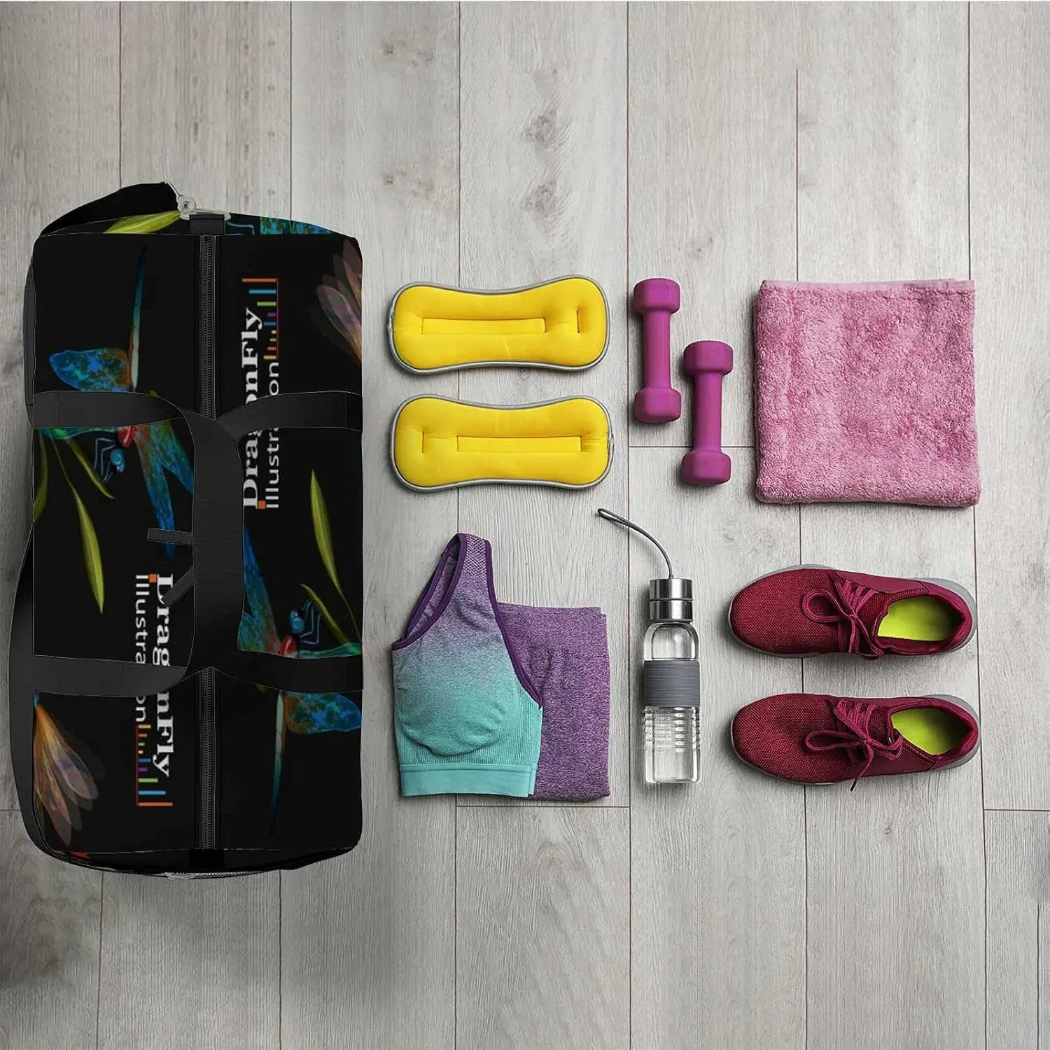 Sports Gym Bag for Women and Men Waterproof Dragonfly Set Three Dragonflies Illustration Duffel Bag Lightweight Carryon Traveling Boarding Gripsack