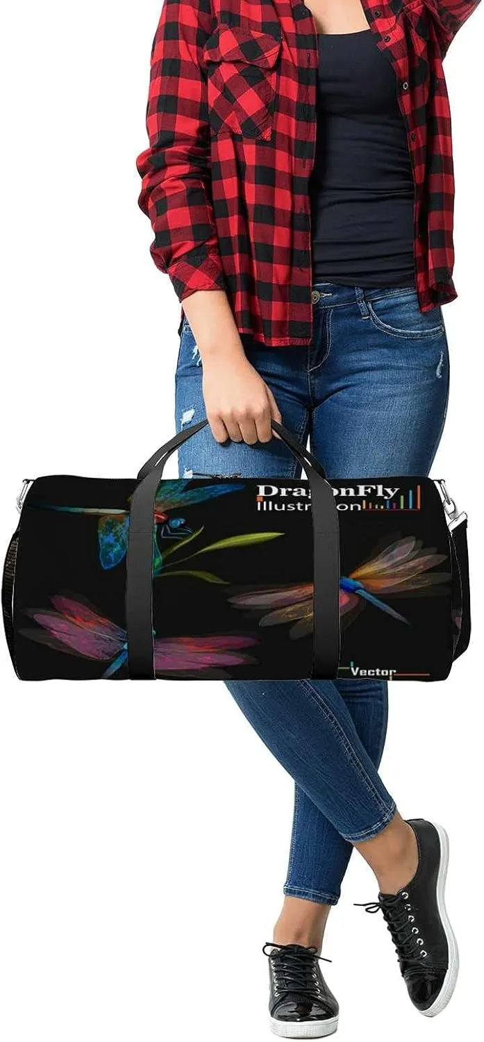 Sports Gym Bag for Women and Men Waterproof Dragonfly Set Three Dragonflies Illustration Duffel Bag Lightweight Carryon Traveling Boarding Gripsack