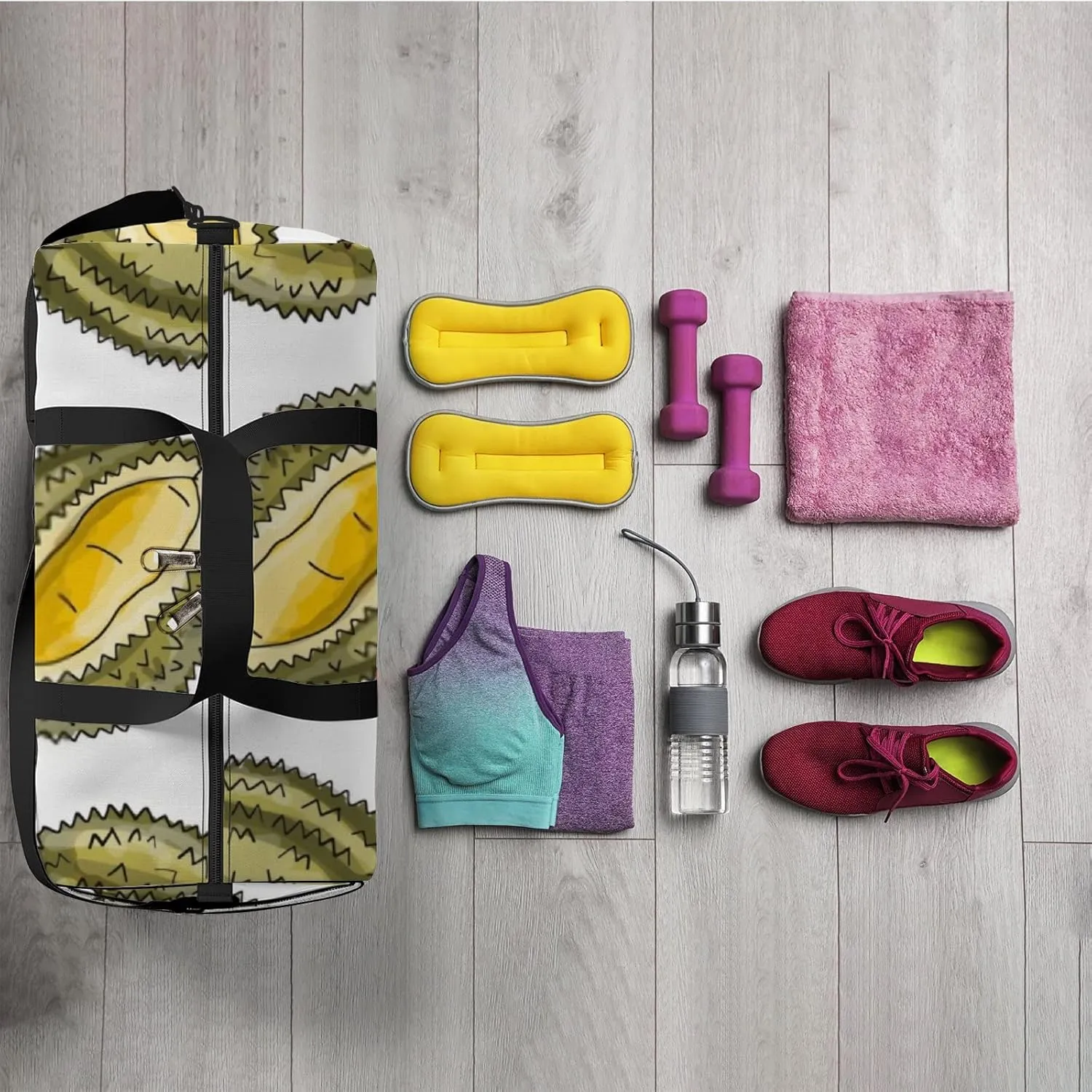 Sports Gym Bag for Women and Men Waterproof Durians Pattern Duffel Bag Lightweight Carryon Traveling Boarding Gripsack
