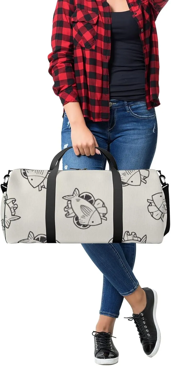 Sports Gym Bag for Women and Men Waterproof Fish Food Doodle Pattern Duffel Bag Lightweight Carryon Traveling Boarding Gripsack
