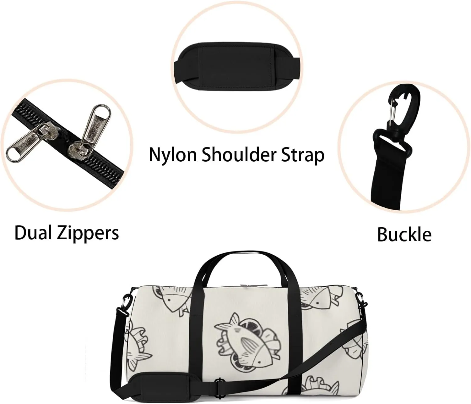Sports Gym Bag for Women and Men Waterproof Fish Food Doodle Pattern Duffel Bag Lightweight Carryon Traveling Boarding Gripsack