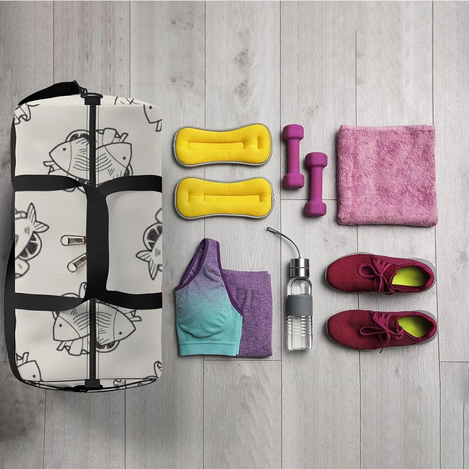 Sports Gym Bag for Women and Men Waterproof Fish Food Doodle Pattern Duffel Bag Lightweight Carryon Traveling Boarding Gripsack
