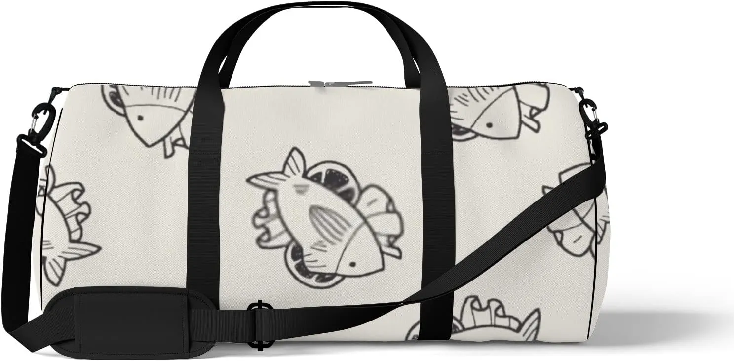 Sports Gym Bag for Women and Men Waterproof Fish Food Doodle Pattern Duffel Bag Lightweight Carryon Traveling Boarding Gripsack