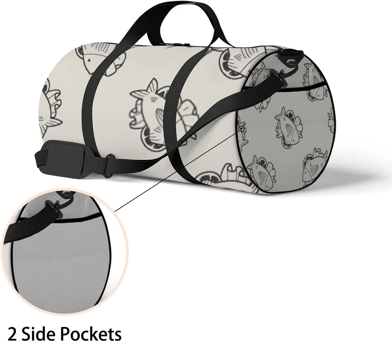Sports Gym Bag for Women and Men Waterproof Fish Food Doodle Pattern Duffel Bag Lightweight Carryon Traveling Boarding Gripsack