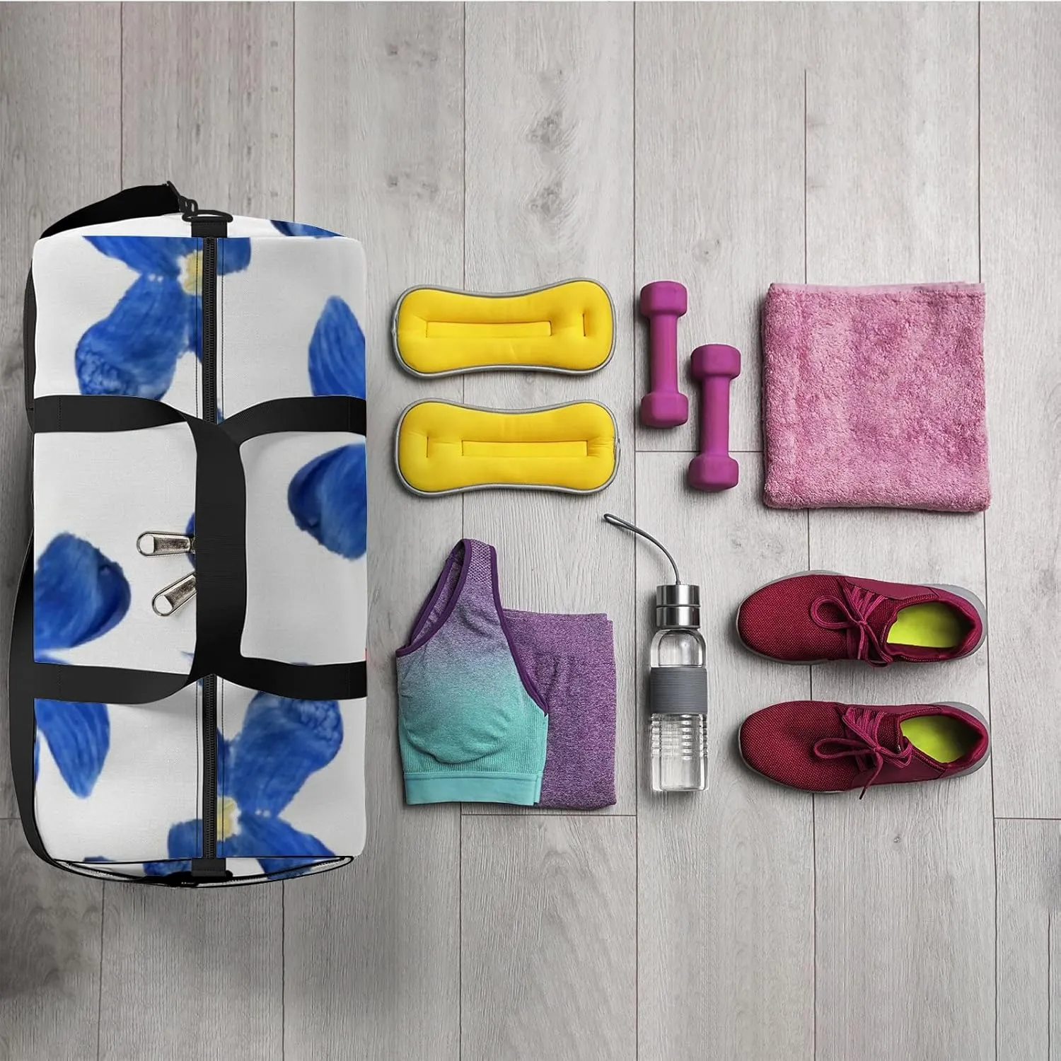 Sports Gym Bag for Women and Men Waterproof Floral Oil Painting Blue Duffel Bag Lightweight Carryon Traveling Boarding Gripsack