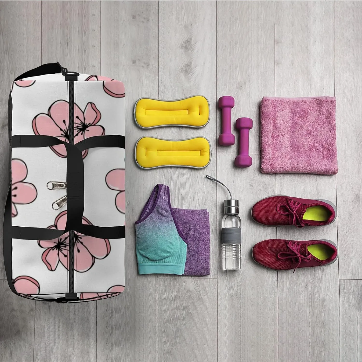 Sports Gym Bag for Women and Men Waterproof Floral Pattern Pastel Colors Duffel Bag Lightweight Carryon Traveling Boarding Gripsack