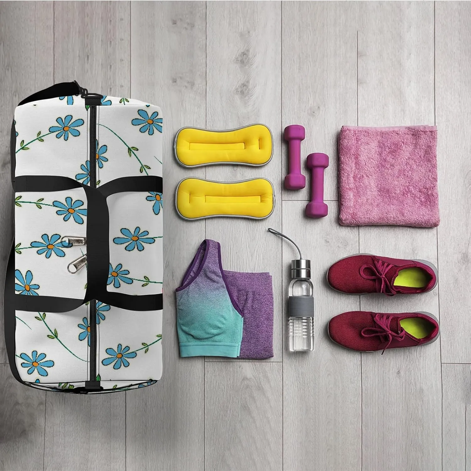 Sports Gym Bag for Women and Men Waterproof Flower Heart Shape Blue Green Duffel Bag Lightweight Carryon Traveling Boarding Gripsack