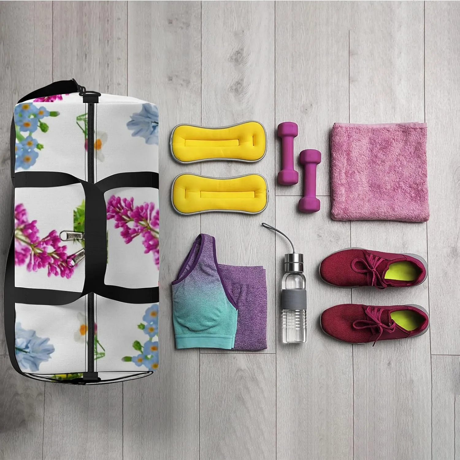 Sports Gym Bag for Women and Men Waterproof Flowers Collection Isolated White Duffel Bag Lightweight Carryon Traveling Boarding Gripsack