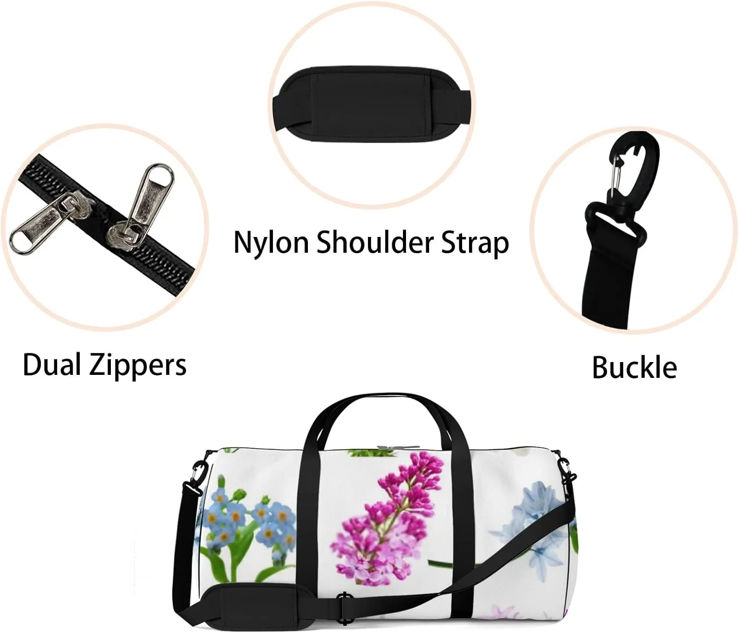 Sports Gym Bag for Women and Men Waterproof Flowers Collection Isolated White Duffel Bag Lightweight Carryon Traveling Boarding Gripsack
