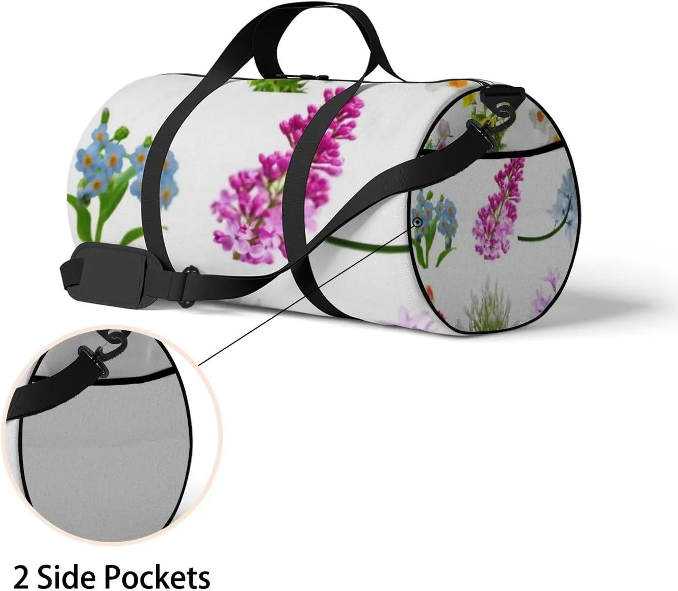 Sports Gym Bag for Women and Men Waterproof Flowers Collection Isolated White Duffel Bag Lightweight Carryon Traveling Boarding Gripsack
