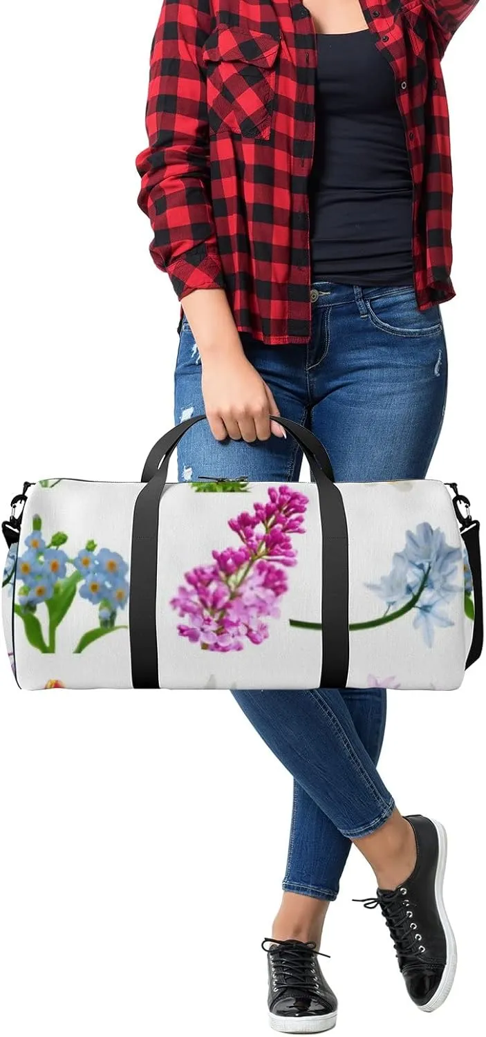 Sports Gym Bag for Women and Men Waterproof Flowers Collection Isolated White Duffel Bag Lightweight Carryon Traveling Boarding Gripsack
