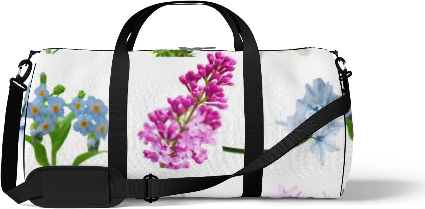 Sports Gym Bag for Women and Men Waterproof Flowers Collection Isolated White Duffel Bag Lightweight Carryon Traveling Boarding Gripsack