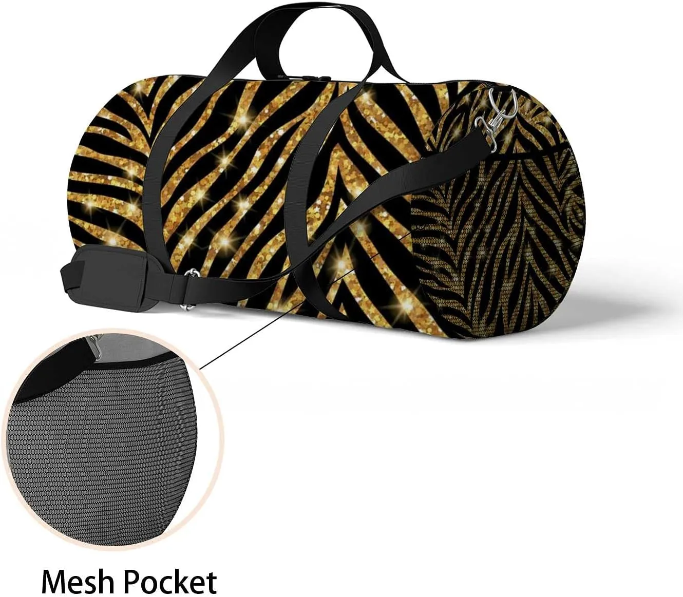 Sports Gym Bag for Women and Men Waterproof Gold Zebra Pattern Illustration Duffel Bag Lightweight Carryon Traveling Boarding Gripsack