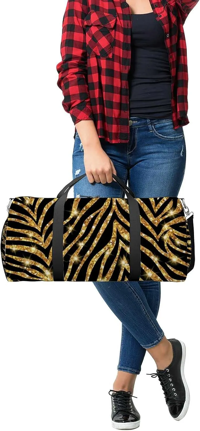 Sports Gym Bag for Women and Men Waterproof Gold Zebra Pattern Illustration Duffel Bag Lightweight Carryon Traveling Boarding Gripsack