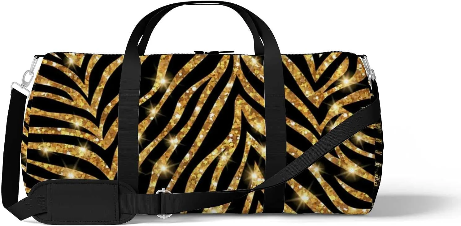 Sports Gym Bag for Women and Men Waterproof Gold Zebra Pattern Illustration Duffel Bag Lightweight Carryon Traveling Boarding Gripsack