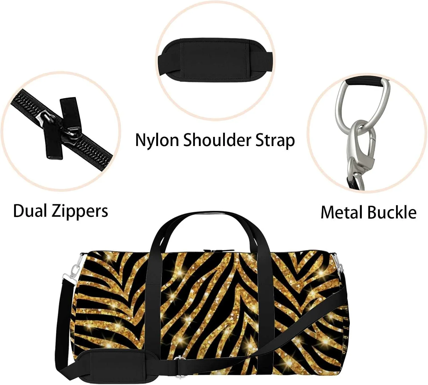 Sports Gym Bag for Women and Men Waterproof Gold Zebra Pattern Illustration Duffel Bag Lightweight Carryon Traveling Boarding Gripsack