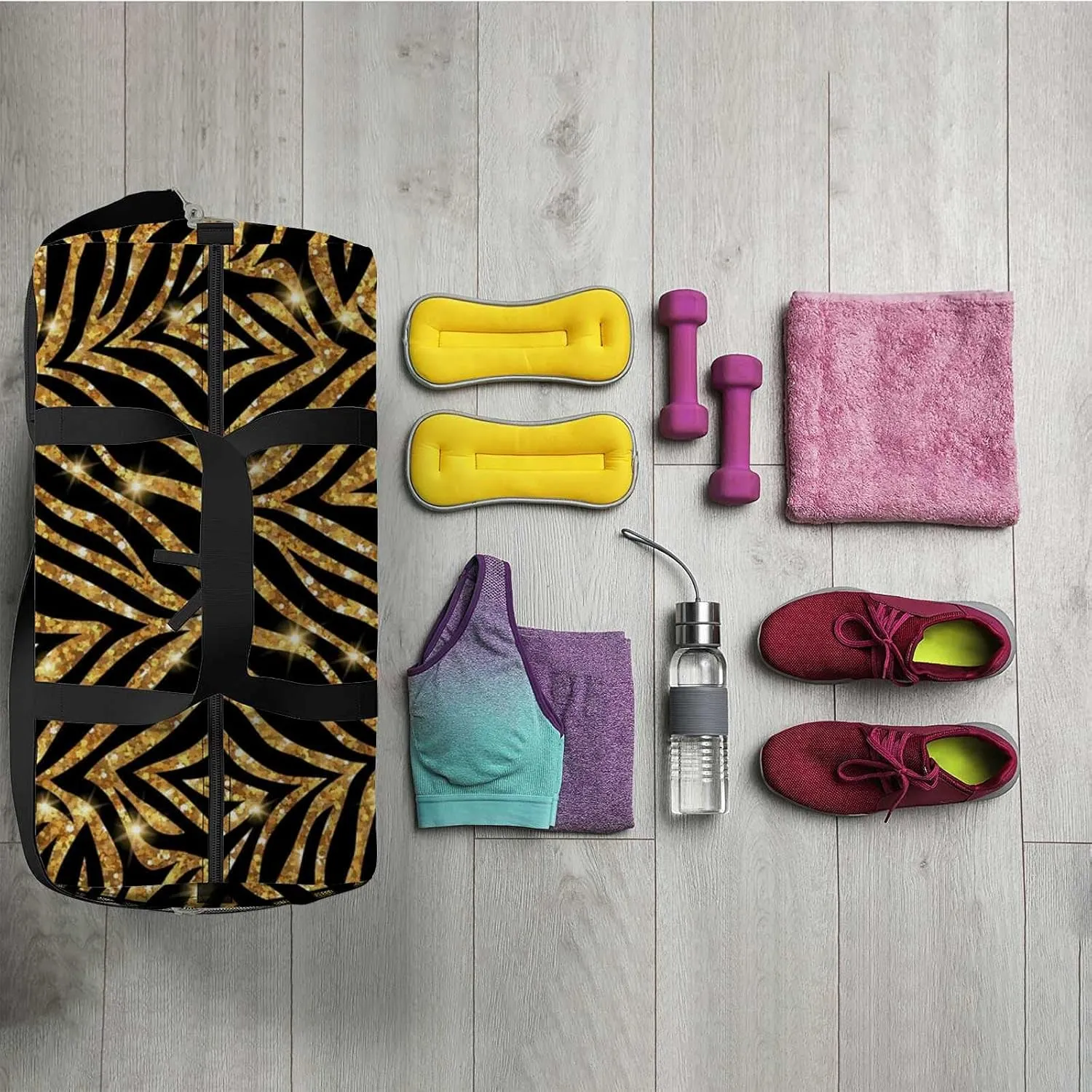 Sports Gym Bag for Women and Men Waterproof Gold Zebra Pattern Illustration Duffel Bag Lightweight Carryon Traveling Boarding Gripsack