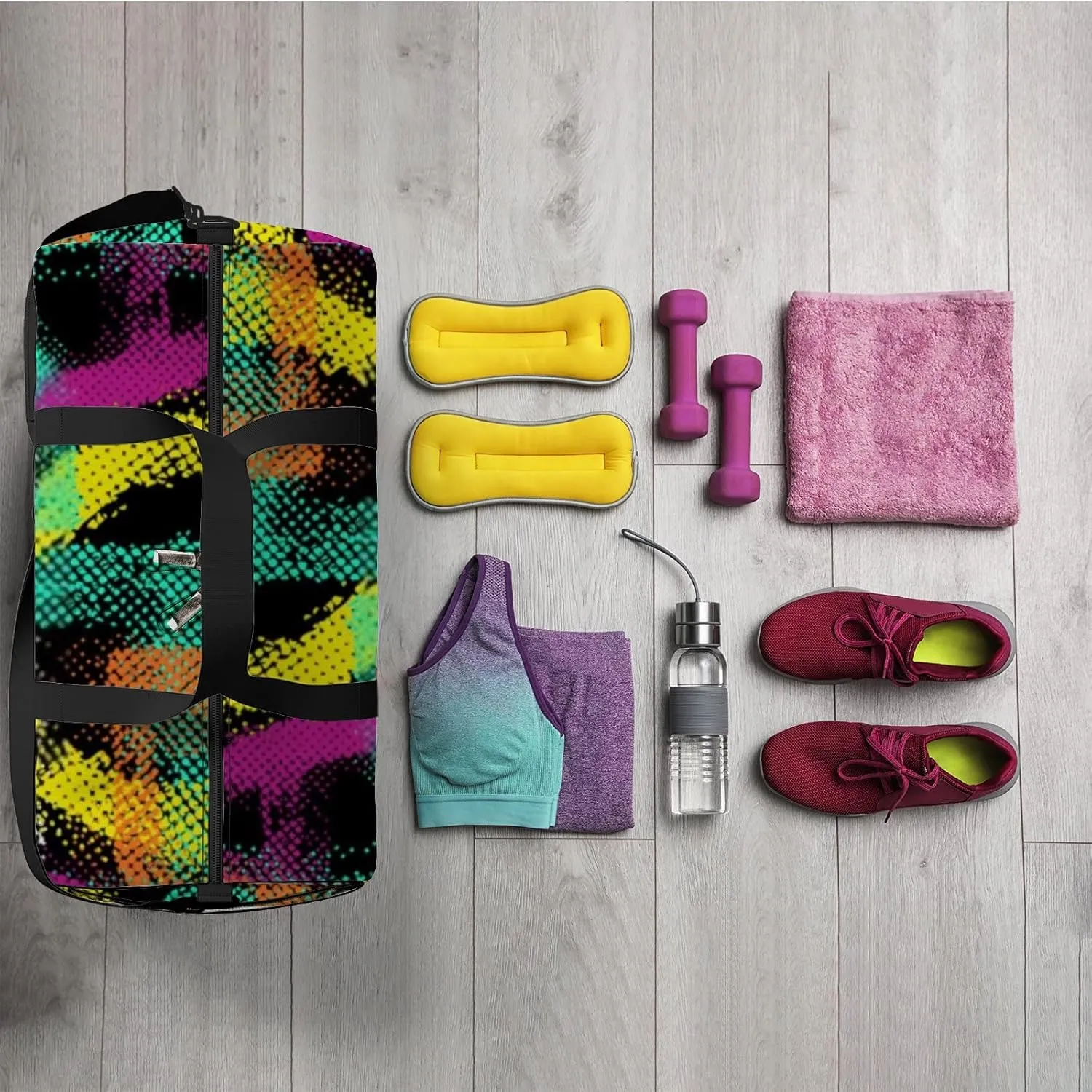 Sports Gym Bag for Women and Men Waterproof Halftone Alphabet Duffel Bag Lightweight Carryon Traveling Boarding Gripsack