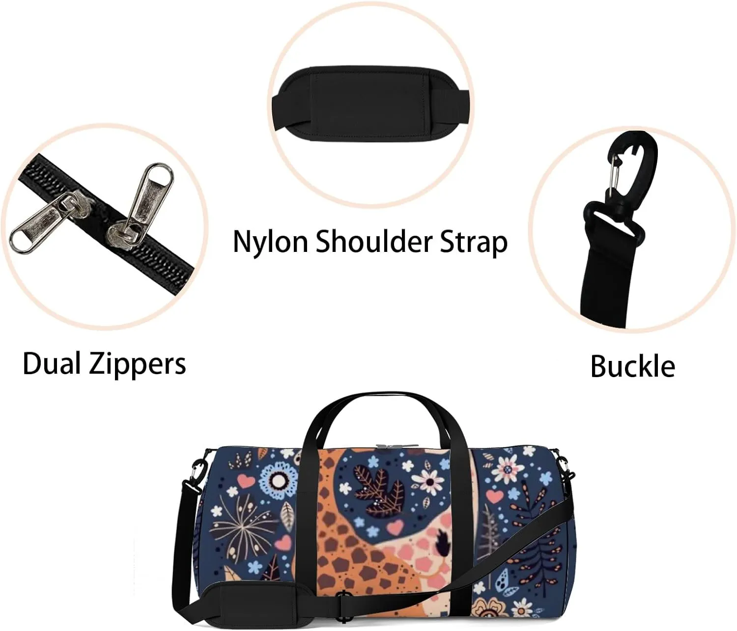 Sports Gym Bag for Women and Men Waterproof Hand Drawn Cute Giraffes Blue Duffel Bag Lightweight Carryon Traveling Boarding Gripsack