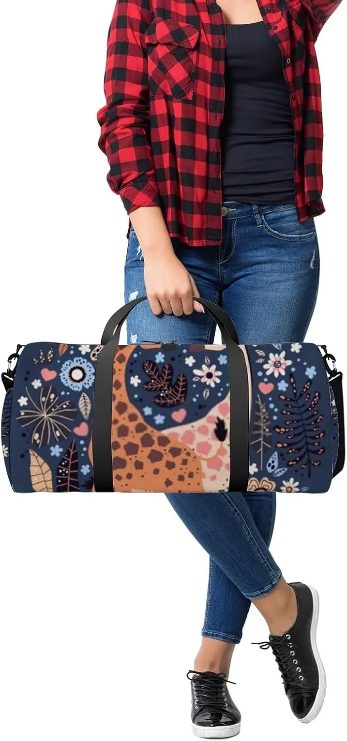 Sports Gym Bag for Women and Men Waterproof Hand Drawn Cute Giraffes Blue Duffel Bag Lightweight Carryon Traveling Boarding Gripsack