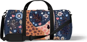 Sports Gym Bag for Women and Men Waterproof Hand Drawn Cute Giraffes Blue Duffel Bag Lightweight Carryon Traveling Boarding Gripsack