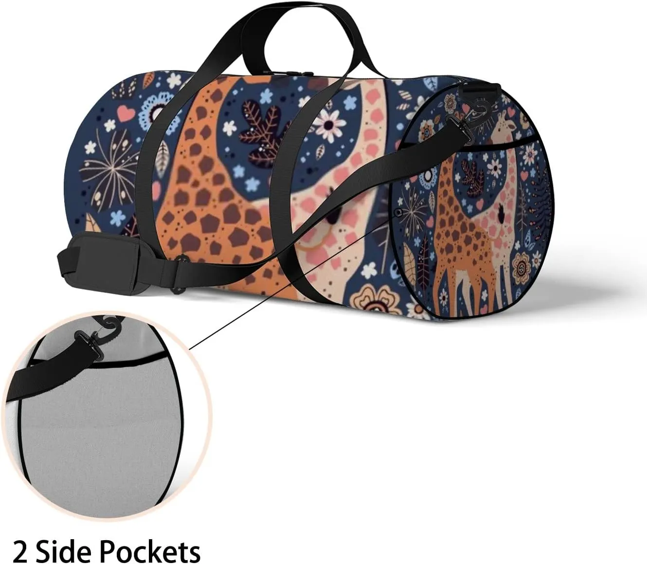 Sports Gym Bag for Women and Men Waterproof Hand Drawn Cute Giraffes Blue Duffel Bag Lightweight Carryon Traveling Boarding Gripsack