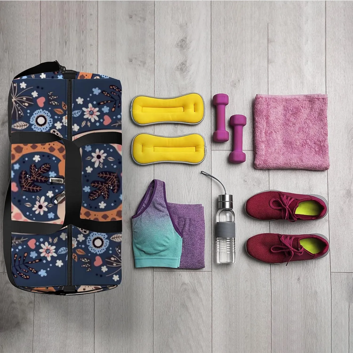 Sports Gym Bag for Women and Men Waterproof Hand Drawn Cute Giraffes Blue Duffel Bag Lightweight Carryon Traveling Boarding Gripsack