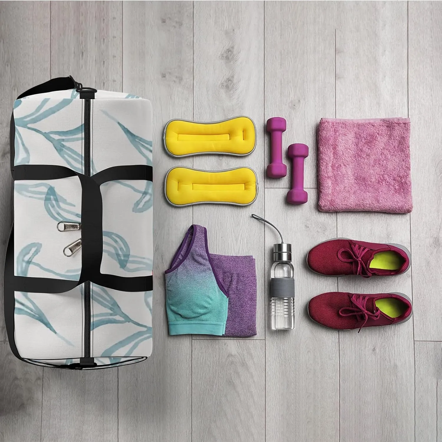 Sports Gym Bag for Women and Men Waterproof Hand Drawn Leaves Green Duffel Bag Lightweight Carryon Traveling Boarding Gripsack