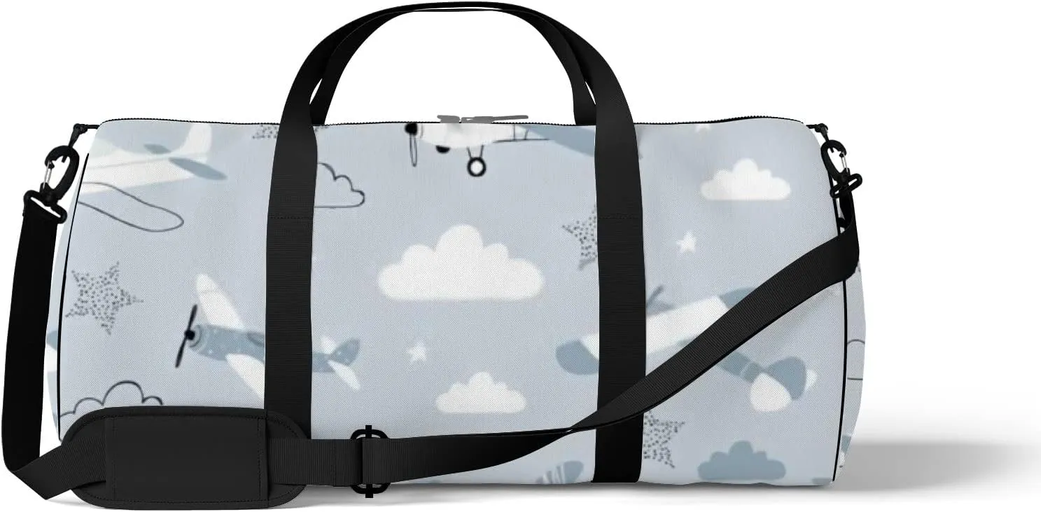 Sports Gym Bag for Women and Men Waterproof Hand Drawn Scandinavian Style Blue Duffel Bag Lightweight Carryon Traveling Boarding Gripsack