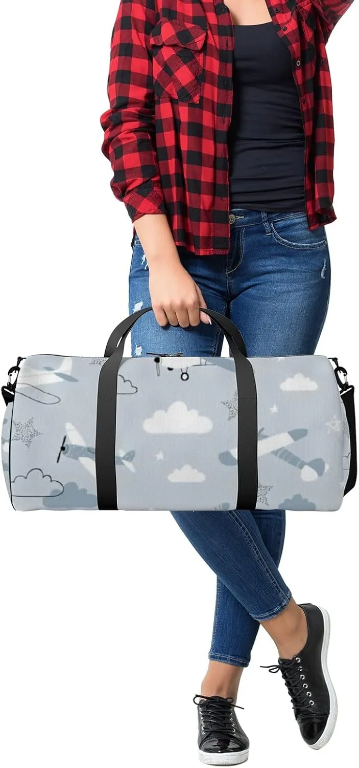 Sports Gym Bag for Women and Men Waterproof Hand Drawn Scandinavian Style Blue Duffel Bag Lightweight Carryon Traveling Boarding Gripsack