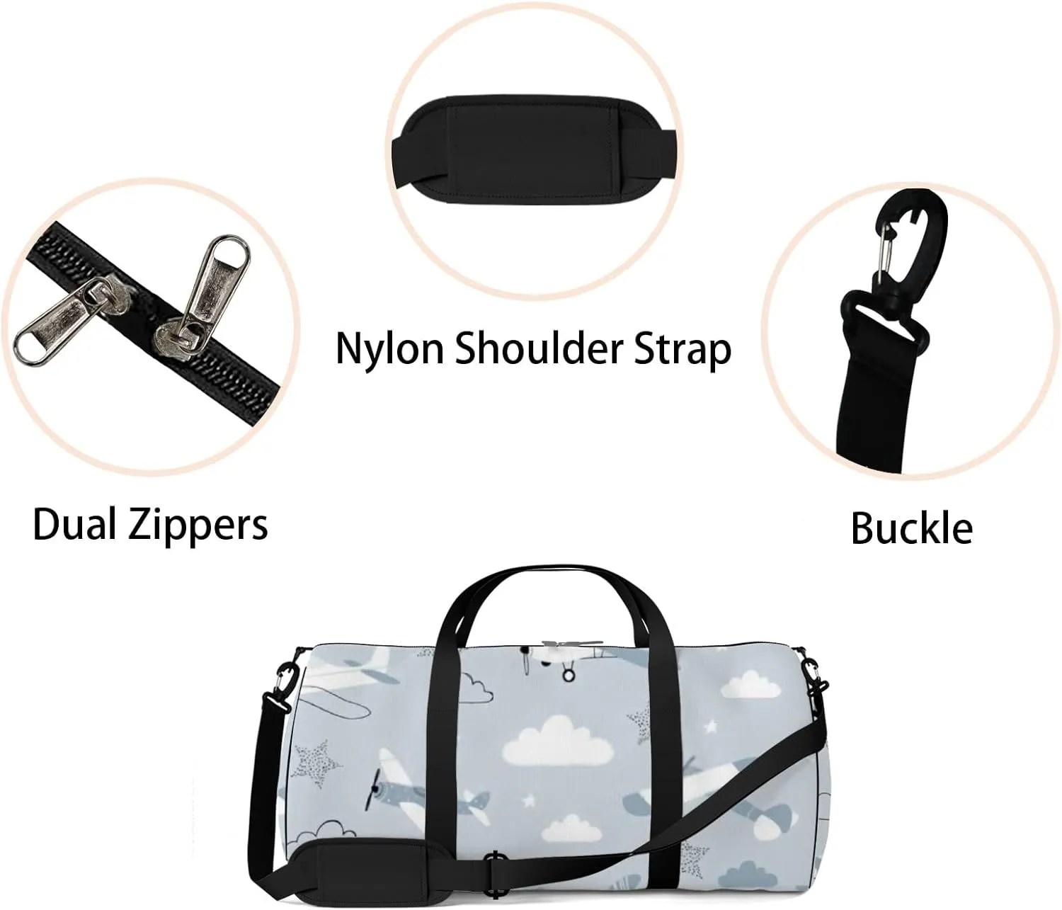 Sports Gym Bag for Women and Men Waterproof Hand Drawn Scandinavian Style Blue Duffel Bag Lightweight Carryon Traveling Boarding Gripsack