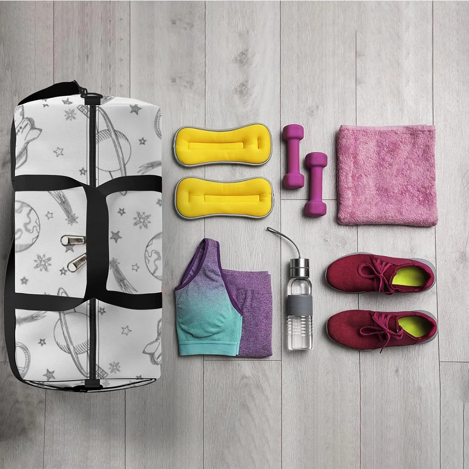 Sports Gym Bag for Women and Men Waterproof Hand Drawn Set of Astronomy Doodles Duffel Bag Lightweight Carryon Traveling Boarding Gripsack