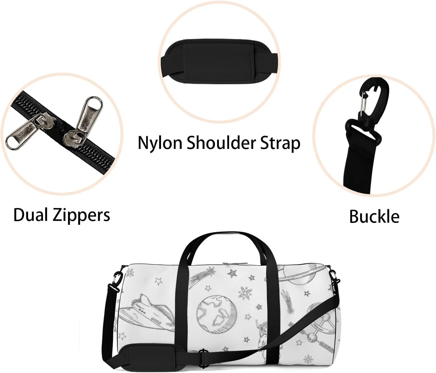 Sports Gym Bag for Women and Men Waterproof Hand Drawn Set of Astronomy Doodles Duffel Bag Lightweight Carryon Traveling Boarding Gripsack