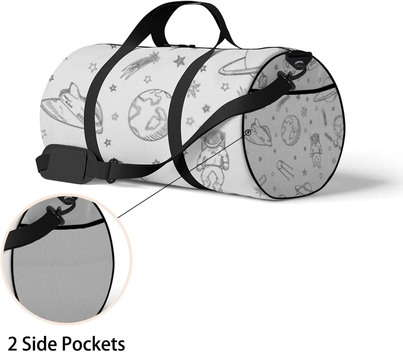 Sports Gym Bag for Women and Men Waterproof Hand Drawn Set of Astronomy Doodles Duffel Bag Lightweight Carryon Traveling Boarding Gripsack