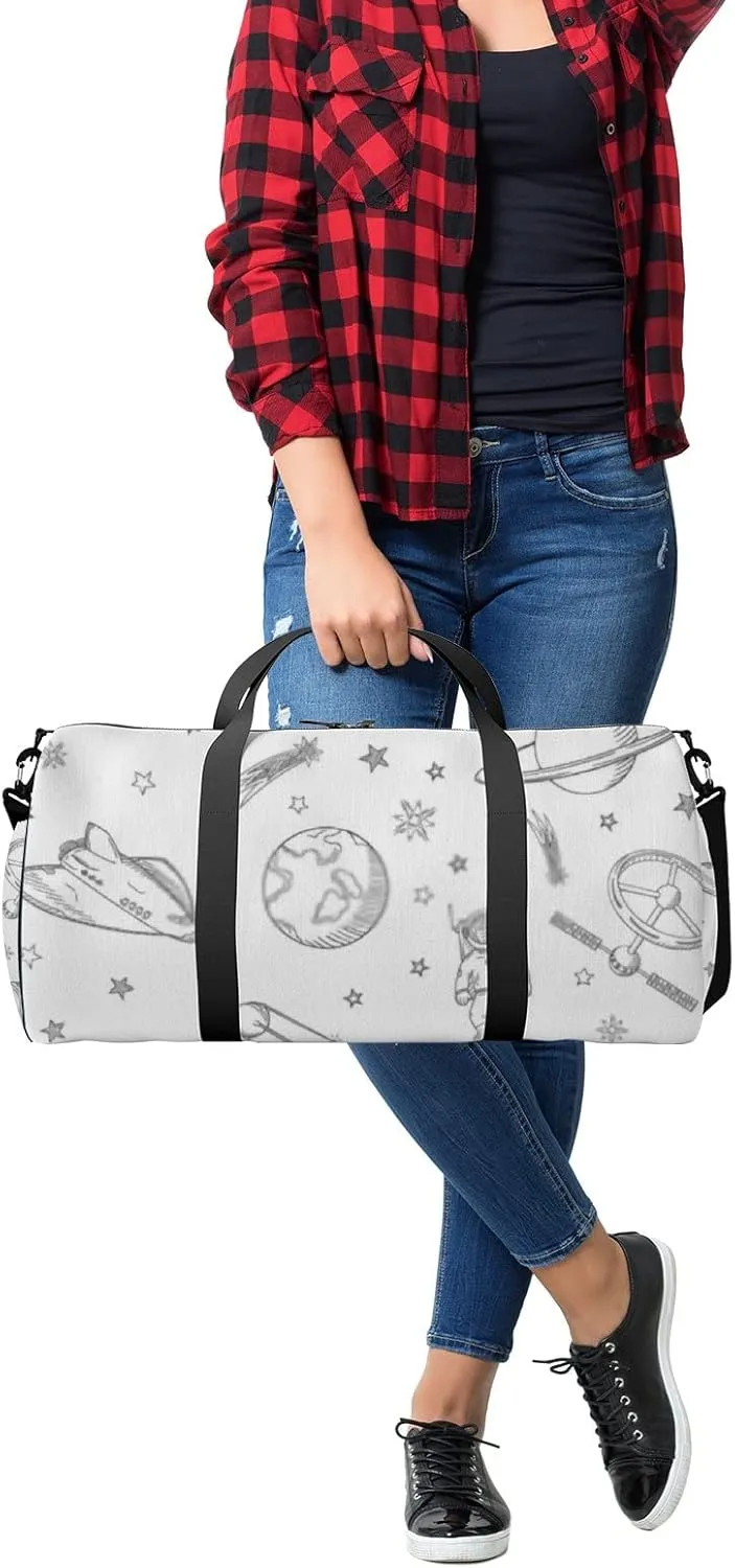 Sports Gym Bag for Women and Men Waterproof Hand Drawn Set of Astronomy Doodles Duffel Bag Lightweight Carryon Traveling Boarding Gripsack