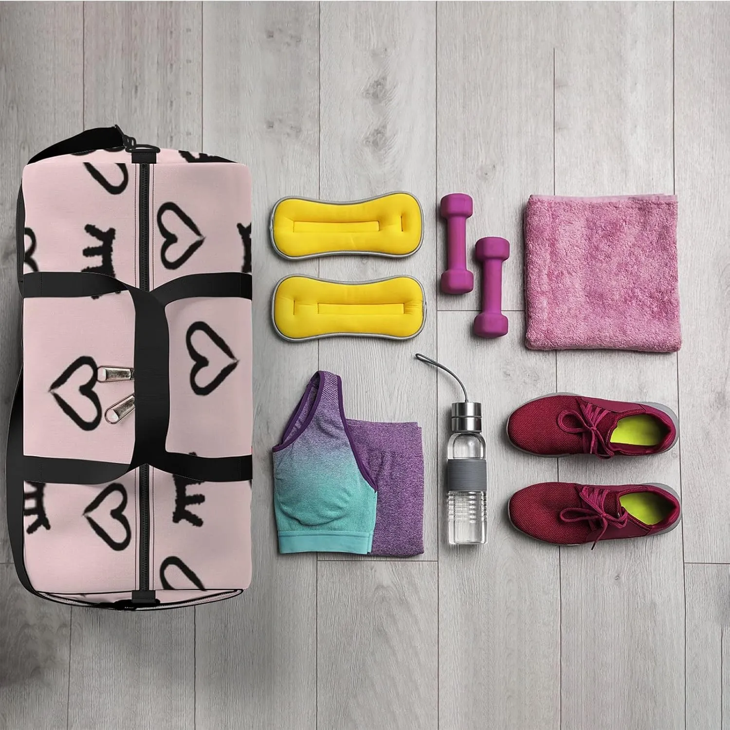 Sports Gym Bag for Women and Men Waterproof Hearts Eyes Sketch Style Pink Duffel Bag Lightweight Carryon Traveling Boarding Gripsack
