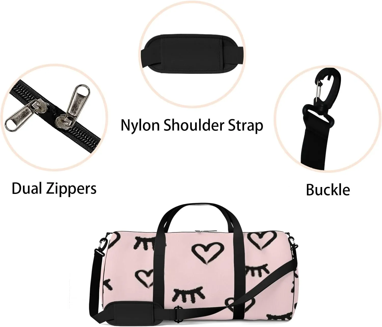 Sports Gym Bag for Women and Men Waterproof Hearts Eyes Sketch Style Pink Duffel Bag Lightweight Carryon Traveling Boarding Gripsack