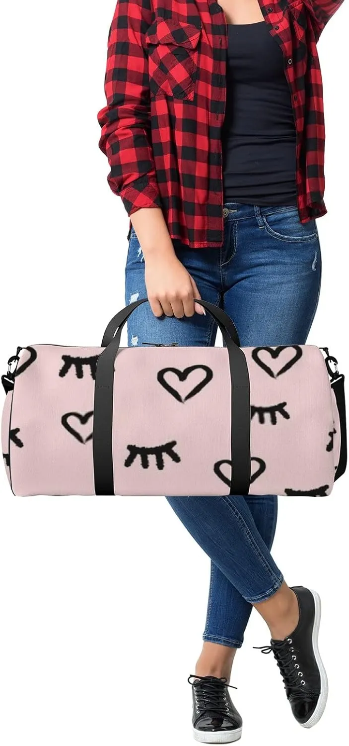Sports Gym Bag for Women and Men Waterproof Hearts Eyes Sketch Style Pink Duffel Bag Lightweight Carryon Traveling Boarding Gripsack