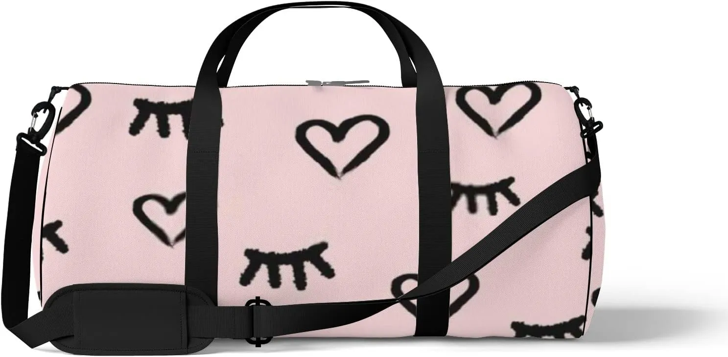 Sports Gym Bag for Women and Men Waterproof Hearts Eyes Sketch Style Pink Duffel Bag Lightweight Carryon Traveling Boarding Gripsack