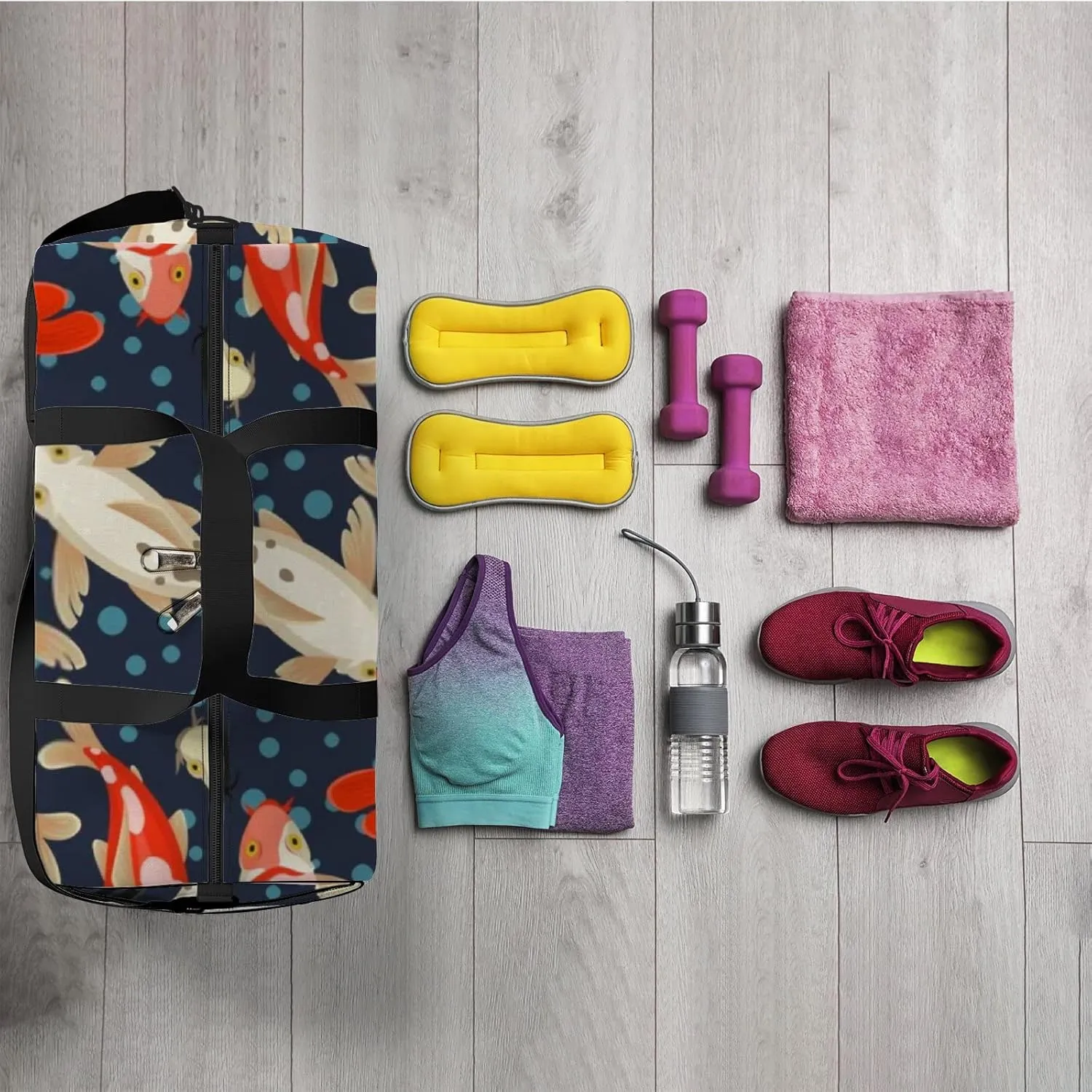 Sports Gym Bag for Women and Men Waterproof Koi Carp Pattern Duffel Bag Lightweight Carryon Traveling Boarding Gripsack