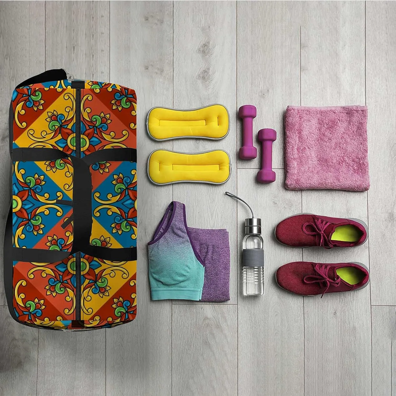 Sports Gym Bag for Women and Men Waterproof Mexican Talavera Ceramic Pattern Duffel Bag Lightweight Carryon Traveling Boarding Gripsack