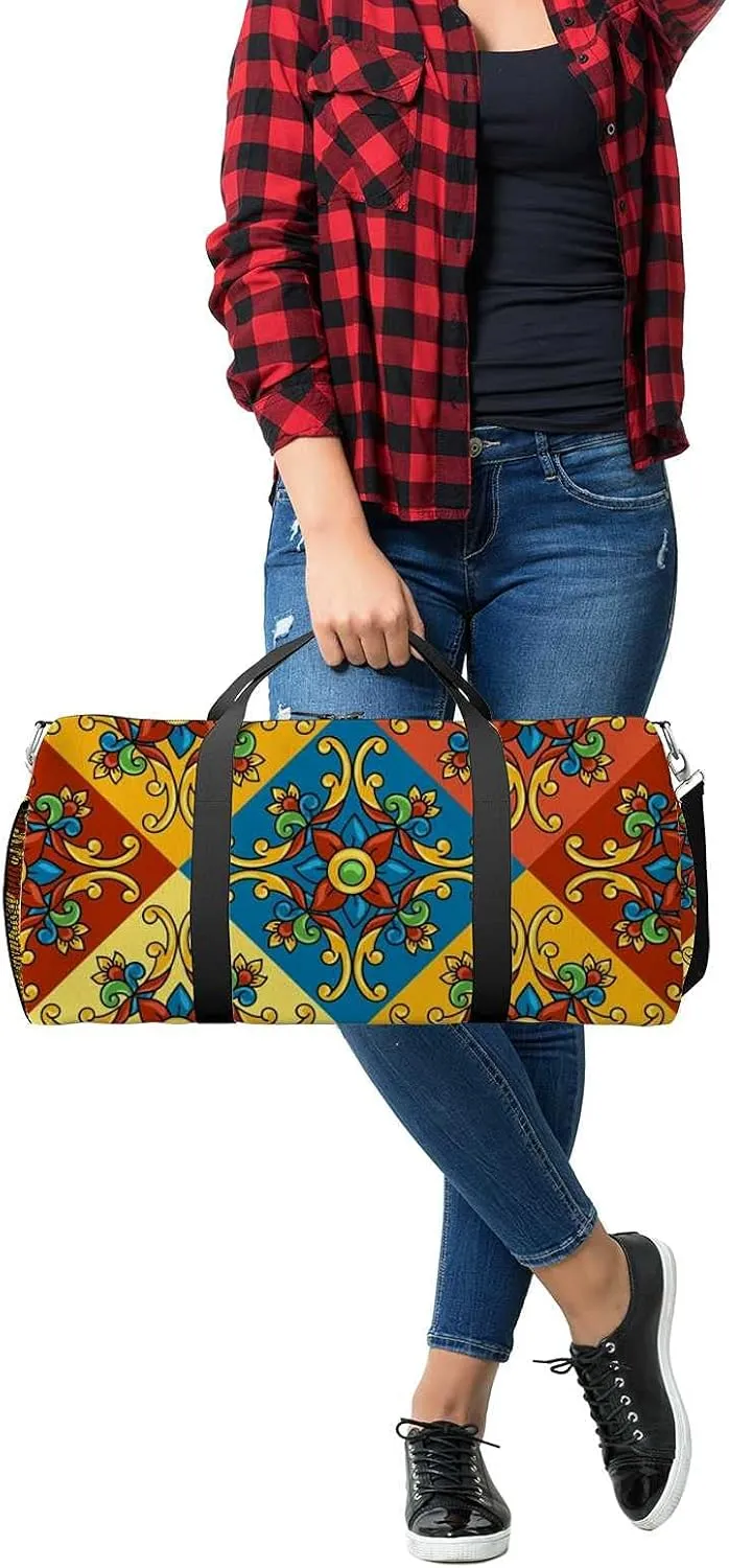Sports Gym Bag for Women and Men Waterproof Mexican Talavera Ceramic Pattern Duffel Bag Lightweight Carryon Traveling Boarding Gripsack